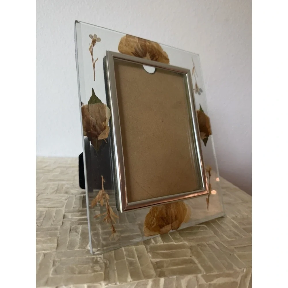 Glass Dried Pressed Flower Floral Photo Frame Clear/Silver Freestanding